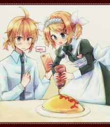 Rule 34 | 1boy, 1girl, apron, black dress, blonde hair, blue eyes, blush, bottle, bow, brother and sister, cellphone, collar, commentary, dress, dress shirt, food, food writing, frilled collar, frills, haine koko, hair bow, hair ornament, hairclip, hand on own chest, heart, holding, holding bottle, holding phone, kagamine len, kagamine rin, ketchup bottle, leaning forward, maid, maid apron, maid headdress, necktie, omelet, omurice, open mouth, phone, plate, recording, shirt, short hair, short ponytail, siblings, smartphone, smile, spiked hair, squeezing, standing, twins, twintails, upper body, v-shaped eyebrows, vocaloid, white bow, white shirt
