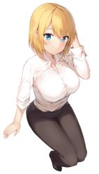 Rule 34 | 1girl, absurdres, arm support, arm up, blonde hair, blue eyes, blush, breasts, collared shirt, dress shirt, eyes visible through hair, foreshortening, from above, hair between eyes, hand in own hair, highres, impossible clothes, impossible shirt, invisible chair, large breasts, legs together, looking at viewer, looking up, office lady, original, pants, partially unbuttoned, shirt, shirt tucked in, shoes, simple background, sitting, sleeves rolled up, smile, solo, taut clothes, taut shirt, ym (pixiv2132273)