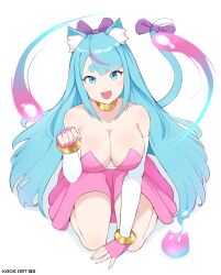 Rule 34 | 1girl, absurdres, animal ear fluff, artist name, blue eyes, blue hair, bow, breasts, cat tail, cleavage, collarbone, dress, fingerless gloves, gloves, gold bracelet, gold choker, hair bow, highres, kaos art, kneeling, large breasts, long hair, multicolored hair, open mouth, original, pink dress, pink gloves, pink hair, purple bow, solo, strapless, strapless dress, streaked hair, tail, tail bow, tail ornament, white sleeves