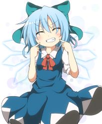 Rule 34 | 1girl, blue dress, blue hair, bow, cirno, closed eyes, do (4-rt), dress, gloves, grin, hair bow, highres, ice, ice wings, pointing, pointing at self, puffy sleeves, shirt, short sleeves, simple background, smile, solo, touhou, white gloves, wings
