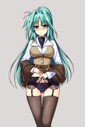 Rule 34 | 00s, 1girl, alternate legwear, aqua hair, belt, black panties, black thighhighs, blush, bow, bow panties, breasts, clothes lift, facial mark, female focus, forehead mark, garter belt, green eyes, grey background, highres, jewelry, lace-trimmed garter belt, lace trim, large breasts, lindy harlaown, long hair, long sleeves, lyrical nanoha, mahou shoujo lyrical nanoha, neckerchief, panties, pendant, raiou, revision, shirt, simple background, skirt, skirt lift, smile, solo, thighhighs, underwear, very long hair, vest, wide sleeves