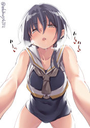 Rule 34 | 1girl, asymmetrical hair, black hair, black one-piece swimsuit, blush, brown eyes, drunk, ebifurya, hair between eyes, highres, i-13 (kancolle), kantai collection, looking at viewer, no headwear, one-hour drawing challenge, one-piece swimsuit, open mouth, school swimsuit, shirt, short hair, simple background, solo, swimsuit, swimsuit under clothes, thighs, white background
