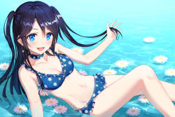 Rule 34 | 1girl, :d, bare arms, bare legs, bare shoulders, bikini, black hair, blue bikini, blue choker, blue eyes, blush, breasts, choker, cleavage, collarbone, earrings, feet out of frame, floral print, flower, frilled bikini, frilled swimsuit, frills, hachinatsu, hair between eyes, hands in hair, highleg, highleg swimsuit, highres, hoop earrings, idolmaster, idolmaster shiny colors, jewelry, long hair, looking at viewer, lying, medium breasts, mitsumine yuika, navel, on ass, open mouth, partially submerged, playing with own hair, sitting, smile, solo, stomach, summer, swimsuit, two side up, v-shaped eyebrows, water