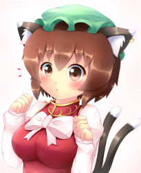 Rule 34 | 1girl, alternate breast size, animal ears, breasts, brown eyes, brown hair, cat ears, chen, earrings, hat, jewelry, kane-neko, multiple tails, ribbon, short hair, solo, tail, touhou, two tails