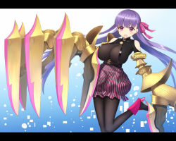 Rule 34 | 10s, 1girl, bare shoulders, bb (fate), bb (fate/extra), black legwear, blush, claw (weapon), fate/extra, fate/extra ccc, fate (series), floating hair, gradient background, hair ribbon, heijialan, high heels, leg up, long hair, o-ring, o-ring top, open mouth, pink eyes, pink ribbon, pink skirt, purple hair, ribbon, skirt, solo, striped clothes, striped skirt, vertical-striped clothes, vertical-striped skirt, very long hair, weapon