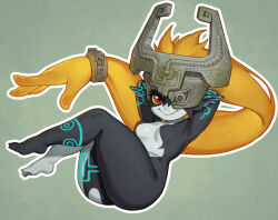 Rule 34 | 1girl, ass, bare legs, barefoot, black skin, blonde hair, blue eyes, breasts, colored sclera, colored skin, fang, feet, floating, full body, helmet, highres, legs, levitation, long hair, looking at viewer, midna, multicolored skin, neon trim, nintendo, one eye covered, orange hair, pointy ears, red eyes, riz, small breasts, smile, smug, solo, the legend of zelda, the legend of zelda: twilight princess, toes, two-tone skin, yellow sclera