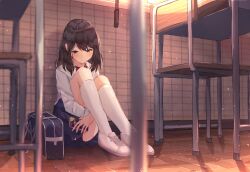 Rule 34 | 1girl, absurdres, bag, benevole, black hair, blurry, blurry foreground, bow, chair, classroom, commission, convenient skirt, day, desk, highres, holding, holding phone, hugging own legs, indoors, kneehighs, long sleeves, mizuno akane, phone, red bow, school bag, school desk, shirt, sitting, skeb commission, socks, tsuki ga kirei, white footwear, white shirt, white socks