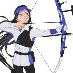 Rule 34 | 1girl, archery, arrow (projectile), asirpa, black hair, black pants, blue eyes, blue headwear, bow (weapon), chengongzi123, chest guard, closed mouth, commentary, cowboy shot, drawing bow, earrings, gloves, golden kamuy, grey jacket, hands up, highres, holding, holding bow (weapon), holding weapon, hoop earrings, jacket, jewelry, long hair, long sleeves, olympics, pants, playing sports, simple background, single glove, standing, symbol-only commentary, very long hair, visor cap, weapon, white background