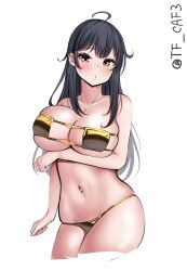 Rule 34 | 1girl, ahoge, alternate costume, black hair, blush, breasts, brown eyes, cowboy shot, golden arms, highres, kantai collection, large breasts, long hair, looking at viewer, one-hour drawing challenge, solo, tf cafe, twitter username, ushio (kancolle), white background