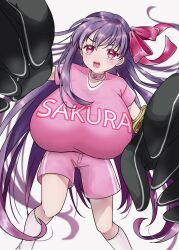Rule 34 | 1girl, breasts, claws, fate/extra, fate/extra ccc, fate (series), gigantic breasts, gloves, goalkeeper, hair ribbon, highres, hotaru (candy), huge breasts, long hair, looking at viewer, open mouth, passionlip (fate), pink eyes, pink ribbon, purple hair, ribbon, soccer uniform, solo, sportswear, very long hair