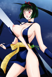 Rule 34 | 1girl, ass, bare legs, bare shoulders, black hair, bob cut, bouncing breasts, breasts, choker, cleavage, comb, curvy, dress, embarrassed, eyeshadow, green hair, hairband, inuyasha, large breasts, lips, lipstick, looking to the side, makeup, mitora5, night, night sky, nipples, no bra, no panties, one breast out, open mouth, red eyes, revealing clothes, ryona, sakasagami no yura, shiny clothes, shiny skin, short dress, short hair, simple background, sky, slashing, solo, surprised, torn clothes, wardrobe malfunction, weapon, wide hips