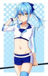 Rule 34 | 1other, abbbikun, androgynous, blue hair, blush, bracelet, commentary, highres, jewelry, looking at viewer, midriff, navel, race queen, rimuru tempest, short shorts, shorts, skindentation, solo, tensei shitara slime datta ken, thighhighs, yellow eyes