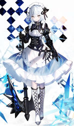 Rule 34 | 1girl, apron, axe, black shirt, blue skirt, boots, breasts, brown eyes, closed mouth, commentary request, cross-laced footwear, frilled apron, frilled skirt, frills, full body, gauntlets, hair between eyes, highres, holding, holding axe, juexing (moemoe3345), knee boots, lace-up boots, looking at viewer, maid headdress, original, puffy short sleeves, puffy sleeves, shirt, short sleeves, skirt, small breasts, smile, solo, standing, white apron, white background, white footwear, white hair