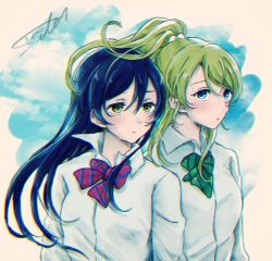 Rule 34 | 2girls, ayase eli, blonde hair, blue eyes, blue hair, bow, bowtie, closed mouth, cloud, commentary request, dress shirt, floating hair, green neckwear, hair between eyes, highres, long hair, long sleeves, love live!, love live! school idol project, multiple girls, otonokizaka school uniform, ponytail, red neckwear, school uniform, shirt, sky, sonoda umi, striped bow, striped bowtie, striped clothes, striped neckwear, suito, white shirt, wind, yellow eyes