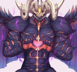 Rule 34 | 1boy, aura, bara, claws, dark aura, demon, demon boy, demon horns, demon wings, evomanaphy, fangs, fire emblem, fire emblem: the sacred stones, fire emblem heroes, fomortiis (fire emblem), heart, heart hands, highres, horns, looking at viewer, male focus, nintendo, solo, white background, wings, yellow eyes
