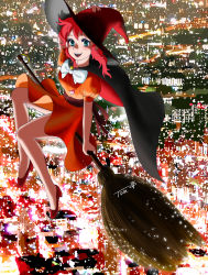 Rule 34 | 1girl, aqua eyes, black cape, bow, bowtie, broom, broom riding, cape, chutohampa, cityscape, flying, glint, hat, highres, kanzaki megu, long hair, majokko megu-chan, open mouth, orange skirt, puffy short sleeves, puffy sleeves, red footwear, red hair, red hat, shoes, short sleeves, sidesaddle, signature, skirt, smile, solo, white bow, white bowtie, witch, witch hat
