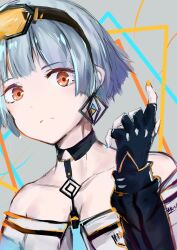 Rule 34 | 1girl, absurdres, aqua necktie, bare shoulders, black choker, black gloves, blue hair, blue nails, blunt bangs, bob cut, choker, collarbone, commentary, earrings, fingerless gloves, frown, girls&#039; frontline, gloves, goggles, goggles on head, grey background, highres, jewelry, long sleeves, looking at viewer, melody-05, multicolored nails, necktie, off-shoulder shirt, off shoulder, orange-tinted eyewear, orange eyes, orange nails, shirt, short hair, sketch, solo, tinted eyewear, upper body, zas m21 (girls&#039; frontline)