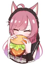 Rule 34 | ahoge, animal ear fluff, animal ears, bandaged arm, bandages, bare shoulders, black shirt, burger, burger malfunction, cat ears, close-up, closed eyes, eating, food, frilled cuffs, frilled shirt, frills, gothic lolita, gradient hair, happy, highres, indie virtual youtuber, lettuce, lolita fashion, long hair, mikeneko (vtuber), mikeneko (vtuber) (1st costume), milk tea 1993, multicolored hair, open mouth, pink hair, sauce, shirt, sidelocks, simple background, sleeveless, smile, virtual youtuber
