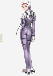 Rule 34 | 1girl, ao no roku-gou, ass, bodysuit, cable, diving suit, from behind, full body, gloves, grey background, kino mayumi, legs together, looking back, murata range, purple bodysuit, red hair, short hair, simple background, skin tight, solo, standing