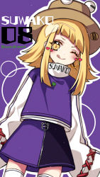 Rule 34 | 1girl, :q, adapted costume, asymmetrical bangs, blonde hair, blunt bangs, blush, brown hat, character name, circle name, clothes writing, commentary, cowboy shot, earrings, hat, heart, highres, hoop earrings, jewelry, kyouda suzuka, long hair, long sleeves, looking at viewer, moriya suwako, one eye closed, purple background, purple shirt, purple skirt, shirt, skirt, smile, solo, thighhighs, tongue, tongue out, touhou, turtleneck, twitter username, white thighhighs, wide sleeves, yellow eyes, zipper
