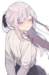 Rule 34 | 1girl, ak-12 (girls&#039; frontline), black ribbon, braid, closed eyes, closed mouth, french braid, from behind, garin, girls&#039; frontline, long hair, long sleeves, looking at viewer, looking back, ribbon, sidelocks, silver hair, simple background, skirt, smile, solo, white background