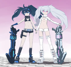 Rule 34 | 2girls, 32zzz, asymmetrical gloves, black bra, black collar, black gloves, black hair, black rock shooter, black rock shooter (character), black shorts, black socks, blue eyes, bra, cannon, closed mouth, collar, detached collar, fingerless gloves, flat chest, gloves, hair between eyes, hair ornament, highres, holding hands, long hair, long sleeves, mismatched gloves, multiple girls, navel, pale skin, purple eyes, short shorts, shorts, sidelocks, socks, star (symbol), star hair ornament, thighhighs, twintails, underwear, uneven twintails, white bra, white collar, white footwear, white rock shooter, white shrug, white thighhighs