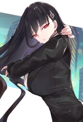 Rule 34 | 1girl, absurdres, adjusting hair, black hair, black jacket, blue archive, breasts, bright pupils, chankuro, hair ornament, hairclip, highres, jacket, large breasts, long hair, looking at viewer, red eyes, rio (blue archive), solo, sweat, very long hair, white pupils
