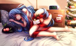 Rule 34 | 1girl, alarm clock, all fours, ass, bad id, bad pixiv id, bed, blue hair, christmas tree, clock, commentary, food, fruit, gift wrapping, hat, unworn hat, unworn headwear, highres, hinanawi tenshi, long hair, maru daizu (aqua6233), merry christmas, naked ribbon, on bed, one eye closed, peach, pillow, pink eyes, ribbon, smile, solo, touhou, very long hair