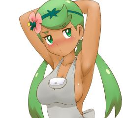 Rule 34 | 1girl, apron, armpits, arms behind head, arms up, blush, breasts, creatures (company), dark-skinned female, dark skin, female focus, game freak, green eyes, green hair, long hair, looking to the side, mallow (pokemon), medium breasts, nintendo, no bra, overalls, pokemon, pokemon sm, sideboob, solo, tof, upper body