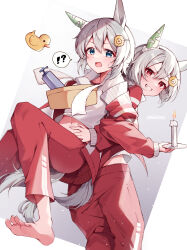 Rule 34 | !?, 2girls, absurdres, animal ears, barefoot, blue eyes, candle, commentary request, dual persona, fire, flower, grey background, grey hair, grin, hair between eyes, hair flower, hair ornament, hairclip, highres, holding, horse ears, horse girl, horse tail, jacket, locked arms, long sleeves, midriff peek, misoni (mi so ni t), multiple girls, navel, off shoulder, open clothes, open jacket, open mouth, pants, puffy long sleeves, puffy sleeves, red eyes, red jacket, red pants, rubber duck, seiun sky (umamusume), shirt, signature, sleeves past wrists, smile, soles, spoken interrobang, tail, towel, towel around neck, track jacket, track suit, umamusume, umayuru, white background, white shirt, yellow flower