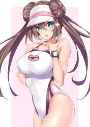 Rule 34 | 1girl, blue eyes, border, breasts, bright pupils, brown hair, commentary request, competition swimsuit, cowboy shot, creatures (company), double bun, game freak, gradient background, hair bun, hand on own chin, highleg, highleg swimsuit, highres, large breasts, long hair, looking at viewer, nintendo, one-piece swimsuit, open mouth, pink background, pokemon, pokemon bw2, pokemon masters ex, rosa (pokemon), sankakusui, solo, sparkle, standing, stroking own chin, swimsuit, twintails, very long hair, visor cap, watch, white background, white border, white one-piece swimsuit, wristwatch