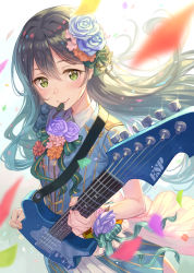 Rule 34 | 10s, 1girl, bang dream!, black hair, blue dress, blue flower, blue rose, brown hair, confetti, dress, electric guitar, fender stratocaster, fingernails, flower, from above, glint, green eyes, guitar, hair flower, hair ornament, hair ribbon, hanazono tae, holding, holding instrument, instrument, light smile, long hair, looking at viewer, mouth hold, multicolored hair, perspective, plectrum, red flower, red rose, ribbed dress, ribbon, rose, scrunchie, short sleeves, smile, solo, striped clothes, striped dress, terumii, upper body, vertical-striped clothes, vertical-striped dress, wrist scrunchie