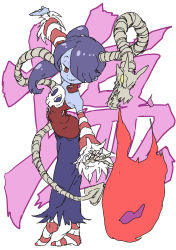 Rule 34 | 1girl, absurdres, arm up, bare shoulders, blue skin, colored skin, detached sleeves, female focus, from side, full body, hair tie, half-closed eyes, highres, leviathan (skullgirls), outstretched arms, pants, purple hair, purple pants, red eyes, red shirt, red socks, shirt, side ponytail, simple background, skullgirls, smile, socks, solo, spread arms, squigly (skullgirls), standing, strapless, strapless shirt, striped clothes, striped socks, text focus, translation request, white background, yamamoto souichirou, yellow eyes, zombie