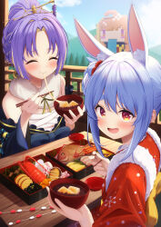 Rule 34 | 2girls, :d, animal ears, blonde hair, blue hair, blue sky, blush, chest sarashi, chopsticks, closed eyes, colored inner hair, crescent, crescent earrings, cup, day, earrings, eating, fish, fur collar, happy new year, highres, hololive, hololive indonesia, jewelry, kaigan, kiryu coco, lobster, looking at viewer, looking back, minecraft, moona hoshinova, moona hoshinova (new year), multicolored hair, multiple girls, new year, open mouth, purple hair, rabbit-shaped pupils, rabbit ears, rabbit girl, red eyes, sakazuki, sarashi, short eyebrows, sky, smile, symbol-shaped pupils, table, thick eyebrows, usada pekora, usada pekora (new year), variant set, virtual youtuber