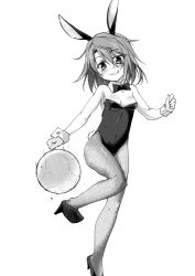 Rule 34 | 1girl, :d, animal ears, ball, bare shoulders, blush, bow, bowtie, breasts, cleavage, covered navel, detached collar, fake animal ears, greyscale, grin, hair between eyes, head tilt, high heels, idolmaster, idolmaster cinderella girls, isshitaira, leg up, leotard, looking at viewer, monochrome, nose blush, open mouth, pantyhose, playboy bunny, rabbit ears, rabbit tail, short hair, simple background, small breasts, smile, soccer, soccer ball, solo, speed lines, standing, standing on one leg, strapless, strapless leotard, tail, teeth, white background, wrist cuffs, yuuki haru