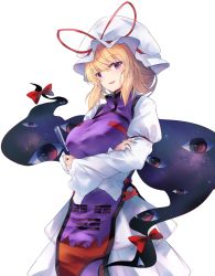 Rule 34 | blonde hair, breasts, cowboy shot, crossed arms, dress, fen zuo, frilled dress, frills, gap (touhou), hand fan, hat, hat ribbon, highres, holding, holding fan, juliet sleeves, long sleeves, looking at viewer, mob cap, open mouth, puffy sleeves, purple eyes, red ribbon, ribbon, short hair, simple background, tabard, touhou, white background, white dress, wide sleeves, yakumo yukari