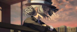 Rule 34 | 1girl, absurdres, black coat, black hair, blonde hair, blue bow, blurry, blurry background, boater hat, bow, building, cloud, cloudy sky, coat, collared shirt, dusk, floating hair, from side, hair bun, hand on railing, hat, hat bow, highres, long sleeves, looking ahead, official art, outdoors, railing, reverse:1999, shirt, sidelighting, sky, solo, swept bangs, upper body, vertin (reverse:1999), white shirt, yellow eyes, yetecong