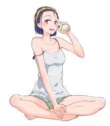 Rule 34 | 1girl, barefoot, beer can, blue hair, blush, camisole, can, drink can, hairband, highres, indian style, looking at viewer, open mouth, original, purple eyes, short hair, shorts, sitting, solo, solvalou, strap slip, white background
