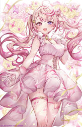 Rule 34 | 1girl, blonde hair, breasts, commentary request, confetti, copyright notice, dress, first stage production, flower, gloves, gradient hair, half gloves, hand up, heterochromia, highres, jewelry, komeshiro kasu, long hair, looking at viewer, medium breasts, multicolored hair, mutogi nanone, open mouth, pink dress, pink eyes, pink flower, pink hair, pink rose, pink wrist cuffs, purple eyes, ring, rose, simple background, sleeveless, sleeveless dress, smile, solo, thigh strap, virtual youtuber, white background, white dress, white gloves, wrist cuffs, yellow flower, yellow rose