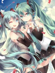 Rule 34 | 2girls, bad id, bad pixiv id, detached sleeves, green eyes, green hair, hatsune miku, hatsune miku (vocaloid3), headset, heart, heart hands, heart hands duo, long hair, multiple girls, necktie, one eye closed, open mouth, shouen kigashi, skirt, thighhighs, twintails, very long hair, vocaloid