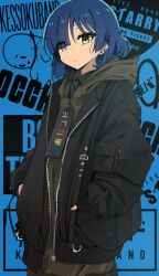 Rule 34 | 1girl, blue hair, bocchi the rock!, earclip, earrings, expressionless, hands in pockets, hood, hoodie, jacket, jewelry, looking at viewer, mole, mole under eye, nago purin, short hair, solo, streetwear, yamada ryo, yellow eyes