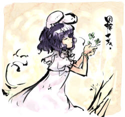 Rule 34 | 1girl, animal ears, black hair, closed eyes, cupping hands, curly hair, dress, female focus, flower, from side, grass, inaba tewi, lowres, own hands together, plant, profile, rabbit ears, solo, tokiame, touhou, white dress