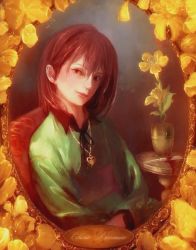 Rule 34 | androgynous, blood, bloody knife, bossmonsterbani, brown hair, chair, chara (undertale), character name, collared shirt, eyelashes, flower, gender request, heart, heart necklace, highres, jewelry, knife, looking at viewer, necklace, pendant, portrait, realistic, red eyes, ribbon, shirt, solo, spoilers, striped clothes, striped shirt, undertale, vase, yellow flower