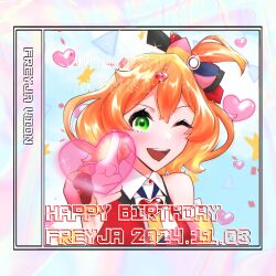 1girl absurdres blush bow character_name collared_shirt dated detached_sleeves finger_gun freyja_wion gloves hair_bow hair_ornament happy_birthday heart heart_hair_ornament highres looking_at_viewer macross macross_delta mitiru multicolored_bow one_eye_closed one_side_up orange_hair red_vest shirt short_hair sleeveless sleeveless_shirt smile solo vest watermark white_gloves white_shirt