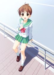 Rule 34 | 00s, 1girl, absurdres, blue eyes, brown eyes, brown hair, cellphone, female focus, full body, highres, hinata nao, hirasawa ui, k-on!, looking up, open mouth, outdoors, phone, railing, school uniform, skirt, solo