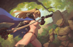 Rule 34 | 1girl, armor, armored boots, axe, battle axe, belt, bigrbear, blonde hair, blue cape, boots, breasts, brown belt, cape, cleft of venus, commentary request, dagger, forest, gauntlets, golem, headgear, highres, holding, holding axe, holding weapon, huge weapon, knife, long hair, medium breasts, naked cape, nature, navel, nearly naked cape, nipples, original, outdoors, pauldrons, pointy breasts, pussy, red eyes, scabbard, sheath, sheathed, shoulder armor, single gauntlet, single vambrace, solo, tree, uncensored, vambraces, variant set, weapon
