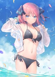 Rule 34 | 1girl, 6u (eternal land), armpit peek, bare shoulders, bikini, bikini under clothes, black bikini, blue eyes, blue sky, blush, bracelet, breasts, cleavage, cloud, cloudy sky, collarbone, commentary request, cowboy shot, day, falling leaves, front-tie bikini top, front-tie top, go-toubun no hanayome, hair ornament, halterneck, hands up, jacket, jewelry, leaf, long sleeves, looking at viewer, medium breasts, nail polish, nakano nino, navel, off shoulder, open clothes, open jacket, outdoors, petals, see-through, short hair, side-tie bikini bottom, sky, smile, solo, standing, stomach, swimsuit, thighs, two side up, wading, water, white jacket