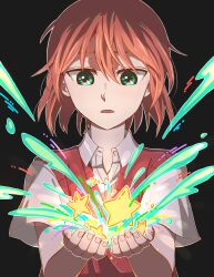 Rule 34 | 1girl, absurdres, black background, collared shirt, cupping hands, delfuze, green eyes, hatori chise, highres, looking down, magic, mahou tsukai no yome, medium hair, orange hair, own hands together, parted lips, red vest, school uniform, shirt, short sleeves, simple background, solo, star (symbol), underlighting, vest, white shirt, wing collar