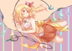 Rule 34 | 1girl, :&lt;, alternate costume, asymmetrical hair, bare arms, bare shoulders, barefoot, blonde hair, blush, bow, buttons, closed mouth, crystal, demon wings, detached collar, flandre scarlet, flat chest, floating, full body, glowing, hair between eyes, hair bow, hair ribbon, laevatein, looking to the side, no headwear, no headwear, orange background, purple background, red bow, red eyes, red ribbon, red skirt, ribbon, side ponytail, skirt, solo, strapless, striped, striped background, suo niao, touhou, vertical stripes, wings