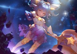 Rule 34 | 1girl, alternate costume, animal ears, armor, armored boots, armored dress, blue eyes, blue hair, boots, fang, hair ornament, hammer, league of legends, long hair, magical girl, matching hair/eyes, pointy ears, poppy (league of legends), skirt, solo, star (symbol), star guardian (league of legends), star guardian poppy, twintails, yordle